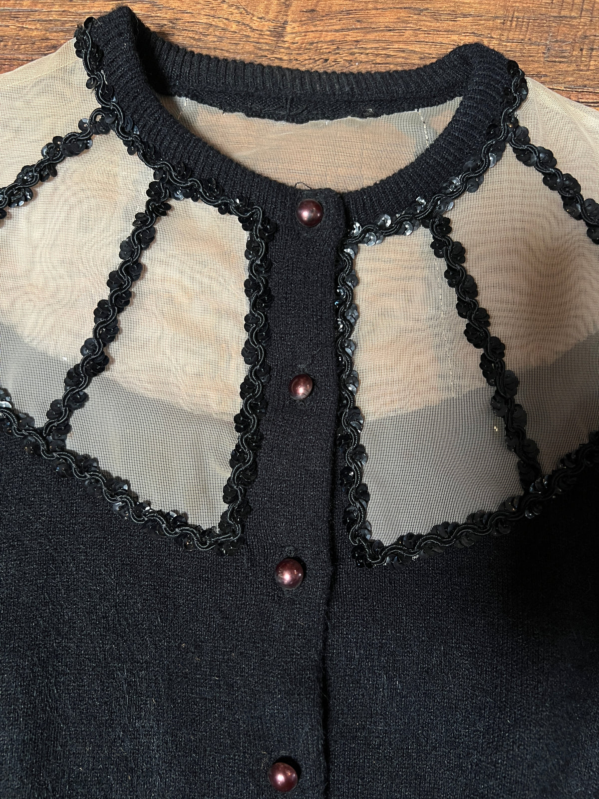 Vintage 1960s Knit Cardigan - Black Sheer Illusion Sequin Yoke with Metal Buttons - Size Medium