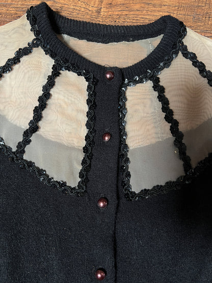 Vintage 1960s Knit Cardigan - Black Sheer Illusion Sequin Yoke with Metal Buttons - Size Medium