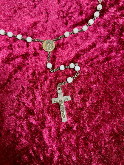 Vintage Jewelry - Italian Rosary - Shiny White Beads with Brass Tone Cross - 18"