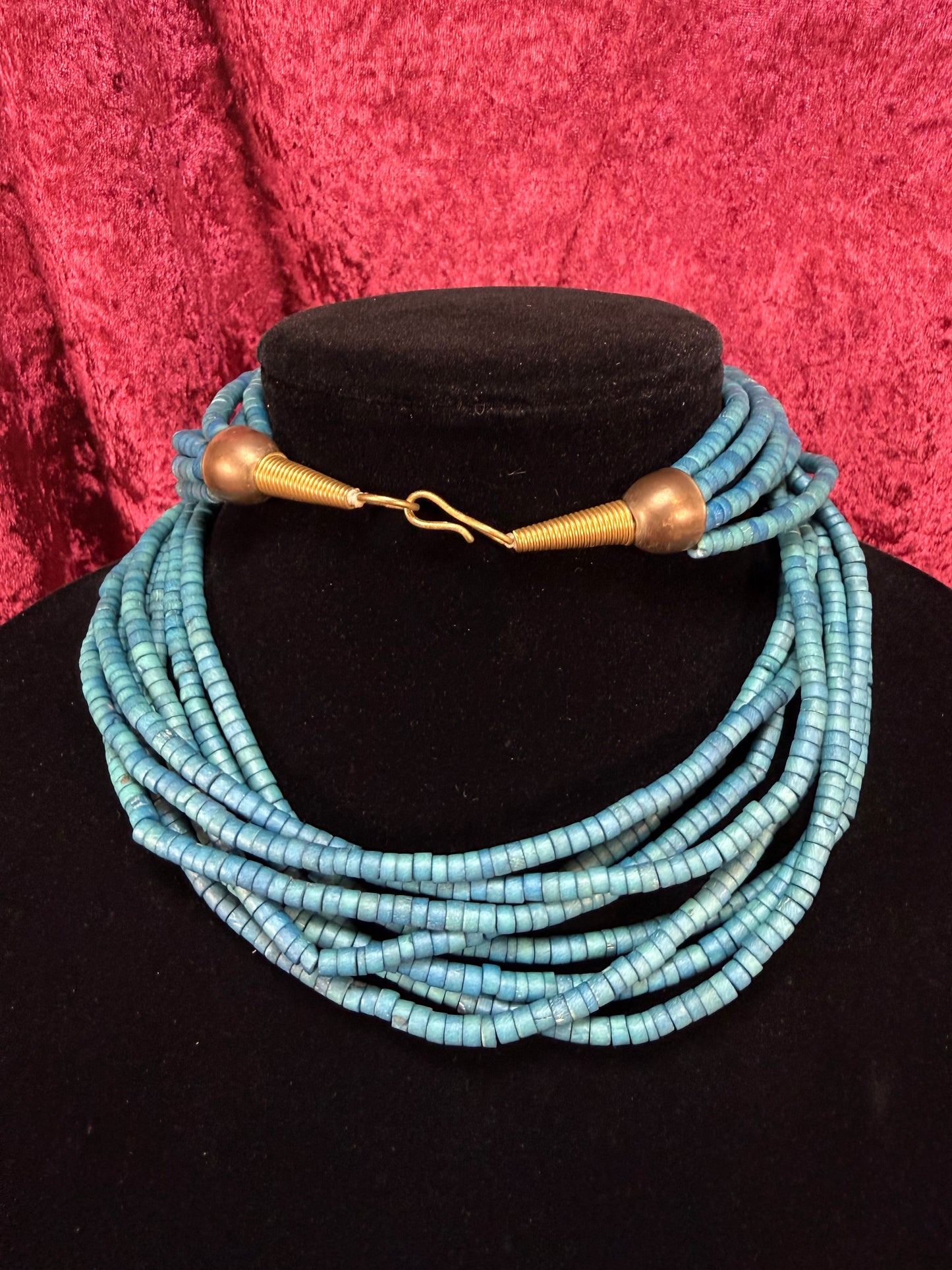 Vintage Puka Shell Necklace – Eight Strand Turquoise Tone Layered Collar
