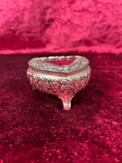 Vintage Vanity - Heart Shaped Jewelry Box - Ornate Silver Grapevine Filigree - Red Velvet Lining - Footed