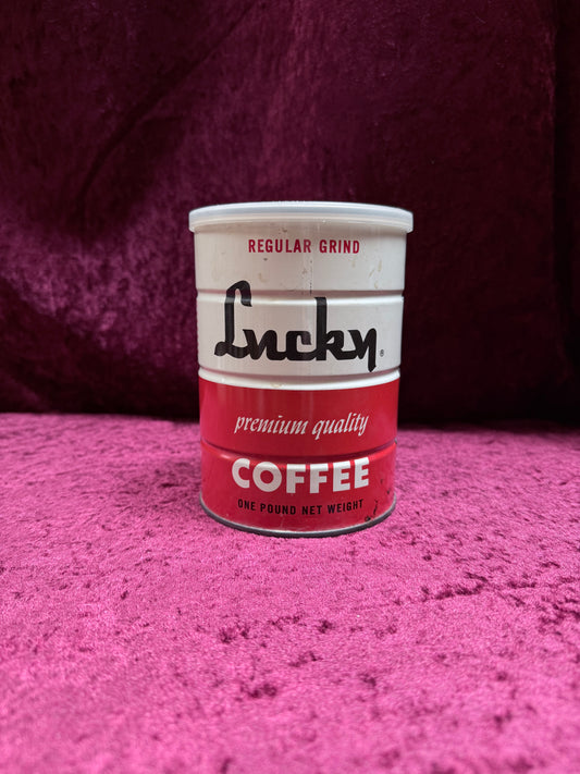 Vintage Lucky Metal Coffee Can - San Leandro California Red White Regular Grind One Pound Tin