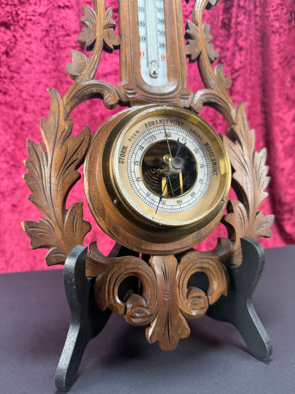 Antique Wall Decor - Hand Carved Dark Wood Thermometer - Black Forest Style - Denmark