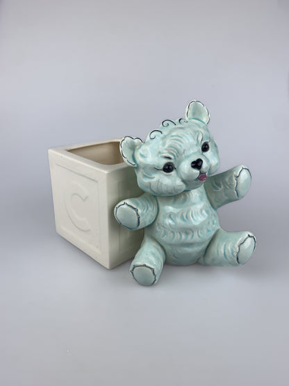 Vintage Kay Finch Blue Teddy Bear & Alphabet Block Ceramic Planter - California Pottery