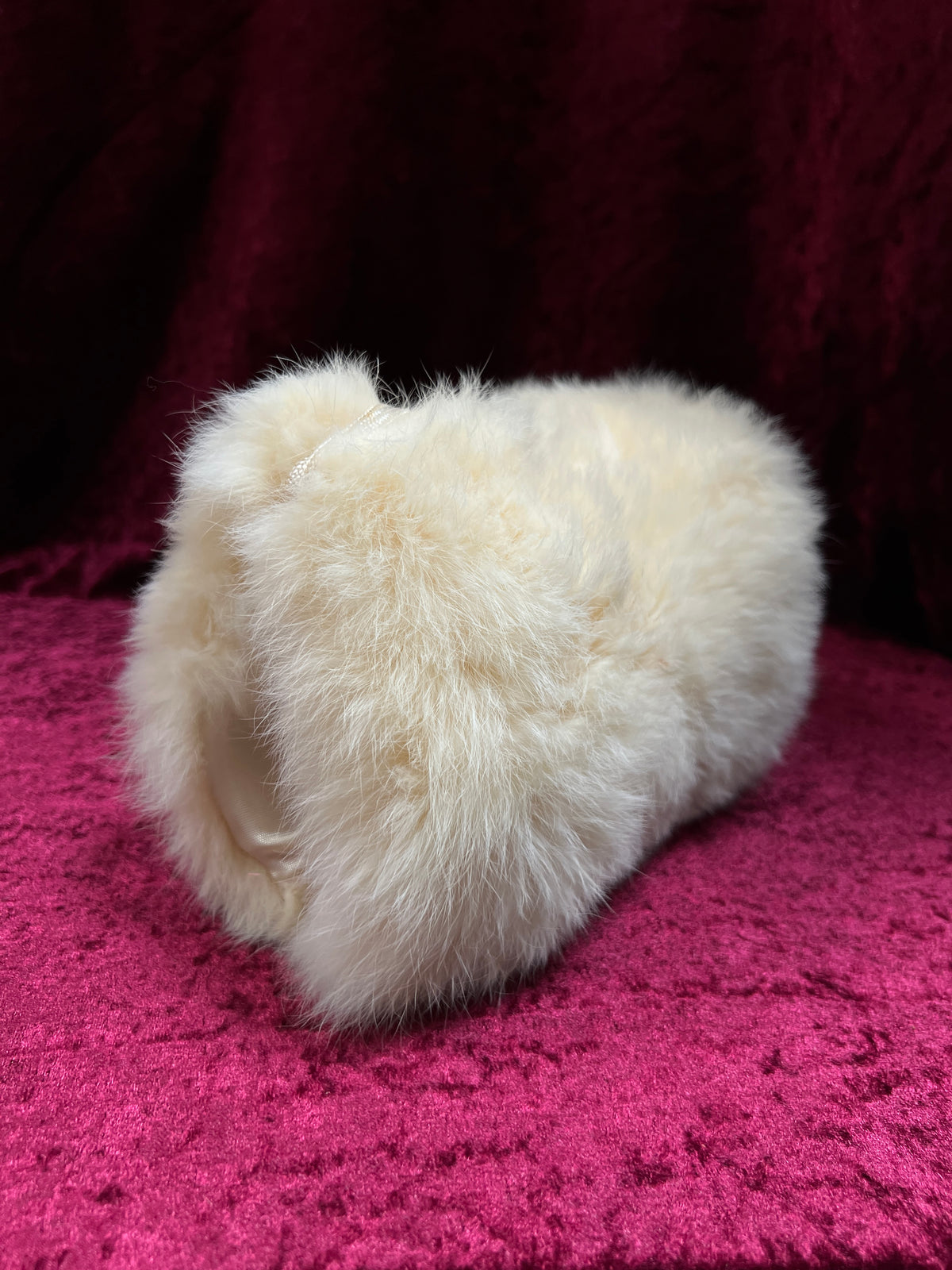Vintage Real Rabbit Fur Hand Muff - Ivory Plush Hand Warmer with Shoulder Strap