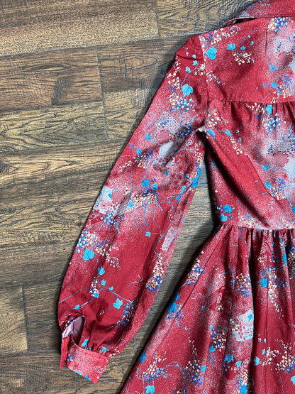 Vintage Clothing - Long Sleeve Fit and Flare Shirt Dress - Mid Century Floral Pattern on Red - Medium