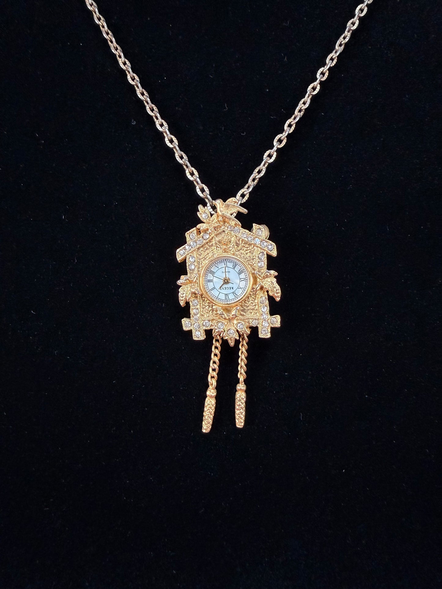 Vintage Gold Tone Cuckoo Clock Necklace – Rhinestone Accent Pendant