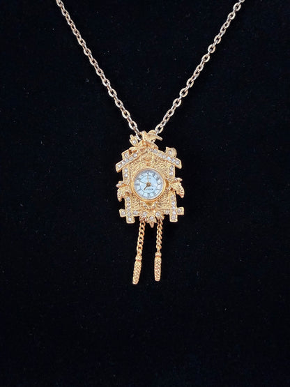 Vintage Gold Tone Cuckoo Clock Necklace – Rhinestone Accent Pendant