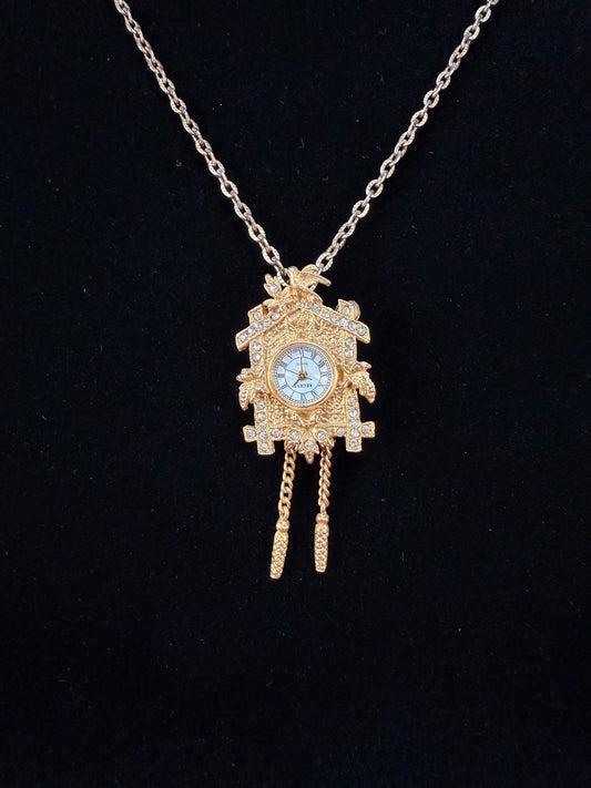 Vintage Gold Tone Cuckoo Clock Necklace – Rhinestone Accent Pendant