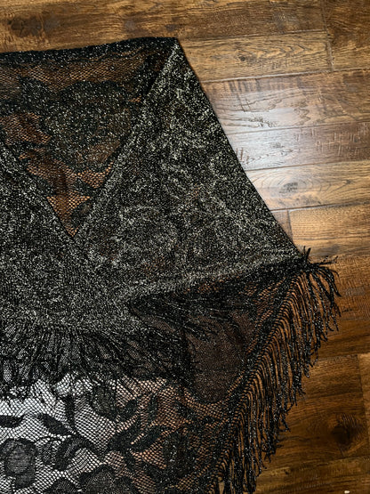 Vintage Metallic Net Shawl - Black Gold Floral Lace Fringe Triangle Wrap