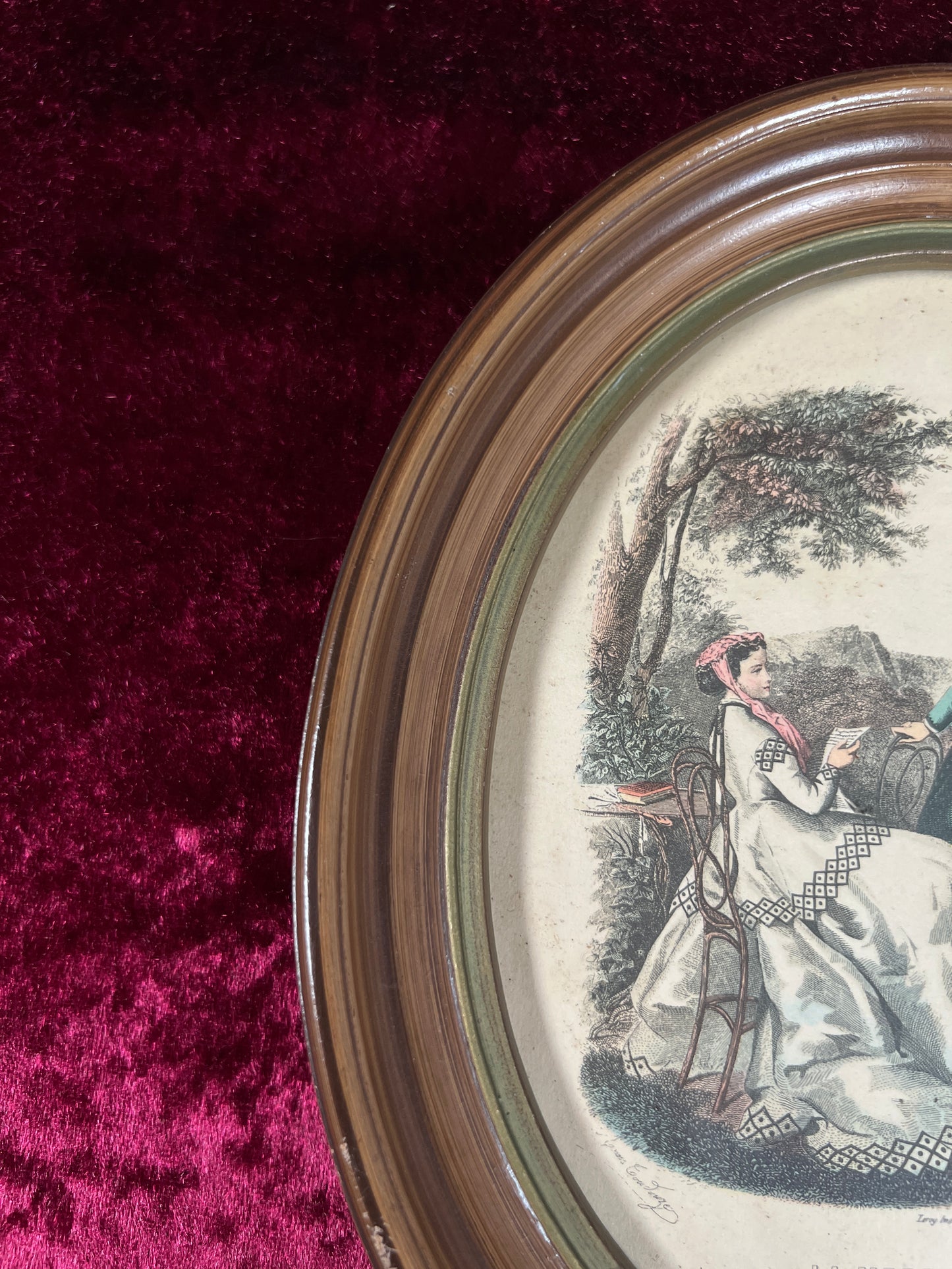 Vintage Oval Wood Framed Print - La Mode Illustrée Victorian Fashion Portrait