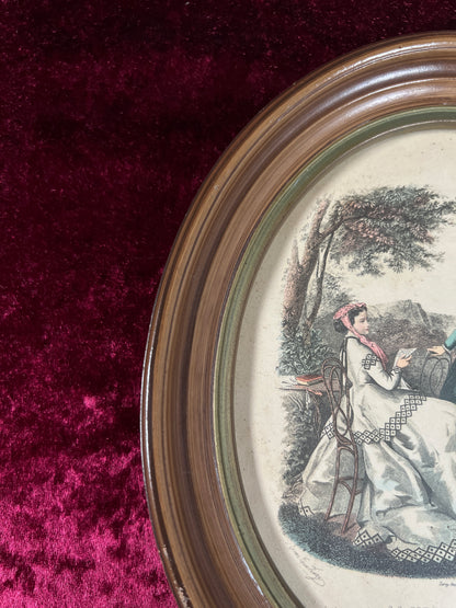 Vintage Oval Wood Framed Print - La Mode Illustrée Victorian Fashion Portrait