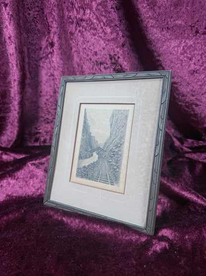 Vintage Framed Etching – Railroad Canyon Landscape in Wood Frame