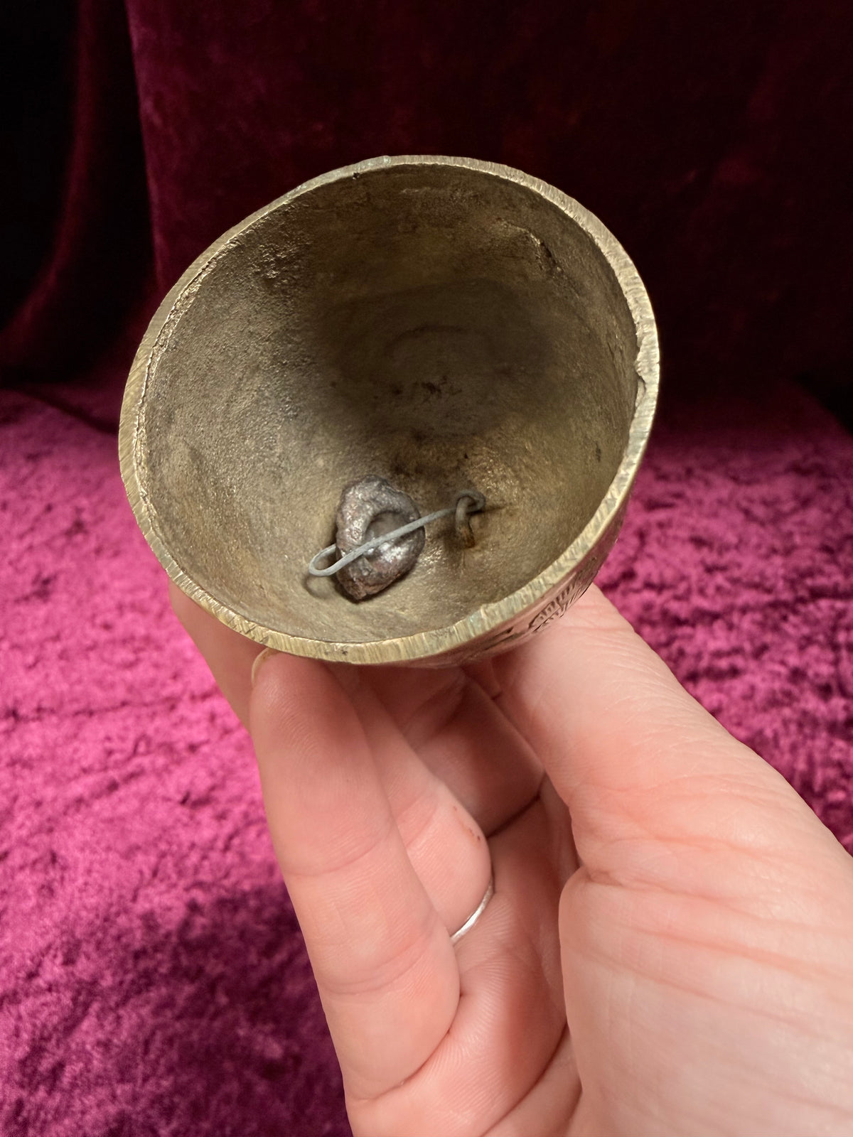 Vintage Engraved Brass Bell – Floral Etching + Ring Handle