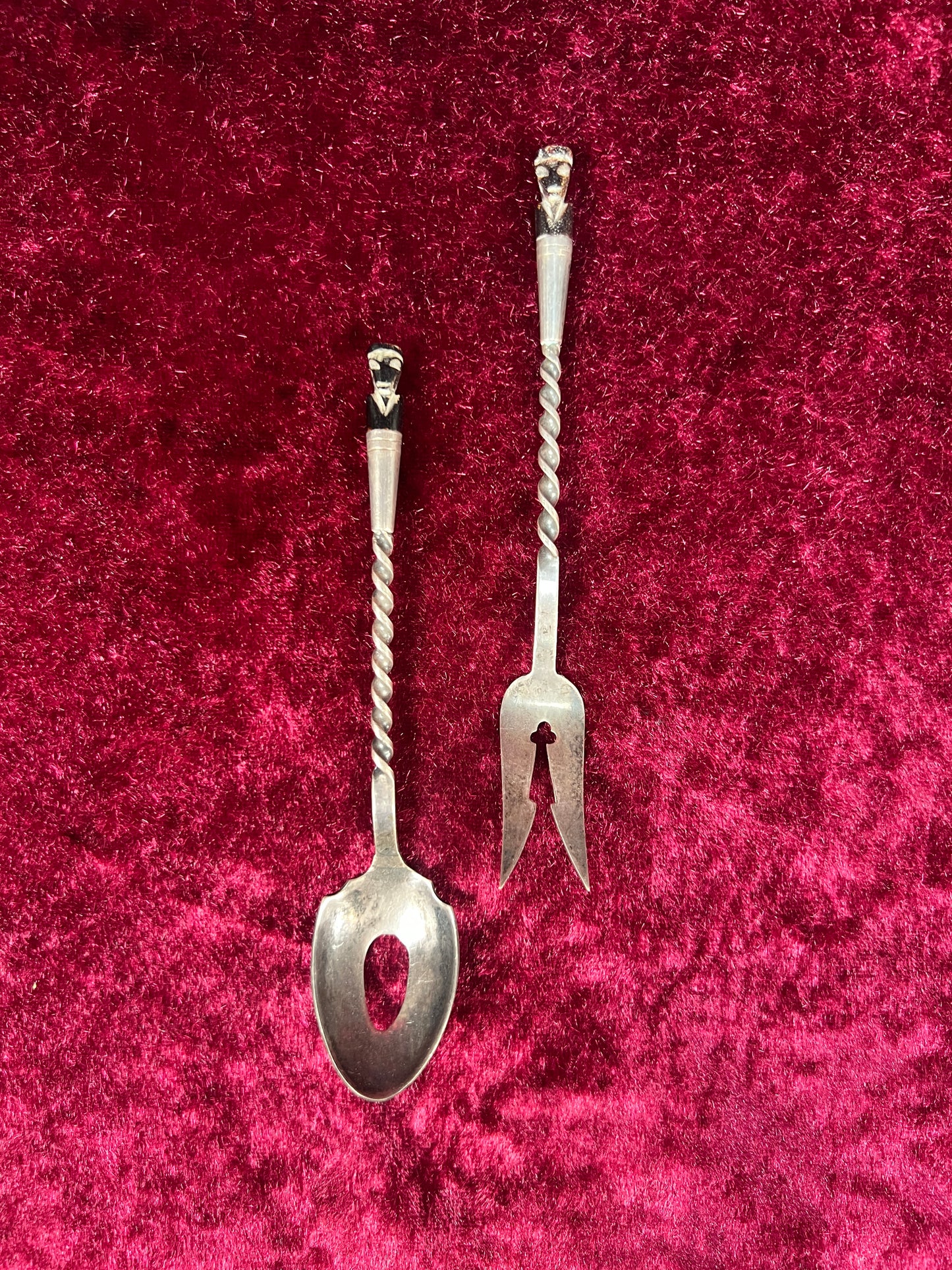 Vintage Silver Plate Cocktail Spoon and Fork Set – Twisted Handles with Tiki Totem Finials