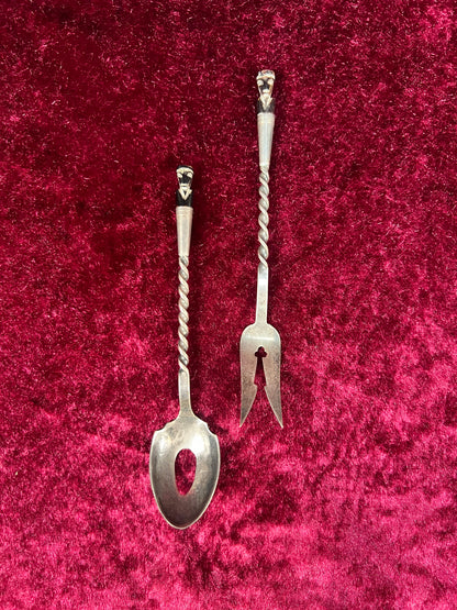 Vintage Silver Plate Cocktail Spoon and Fork Set – Twisted Handles with Tiki Totem Finials
