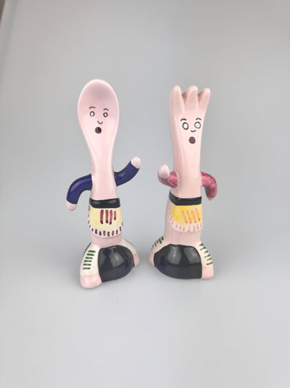 Vintage Anthropomorphic Pink Running Fork & Spoon Salt & Pepper Shakers