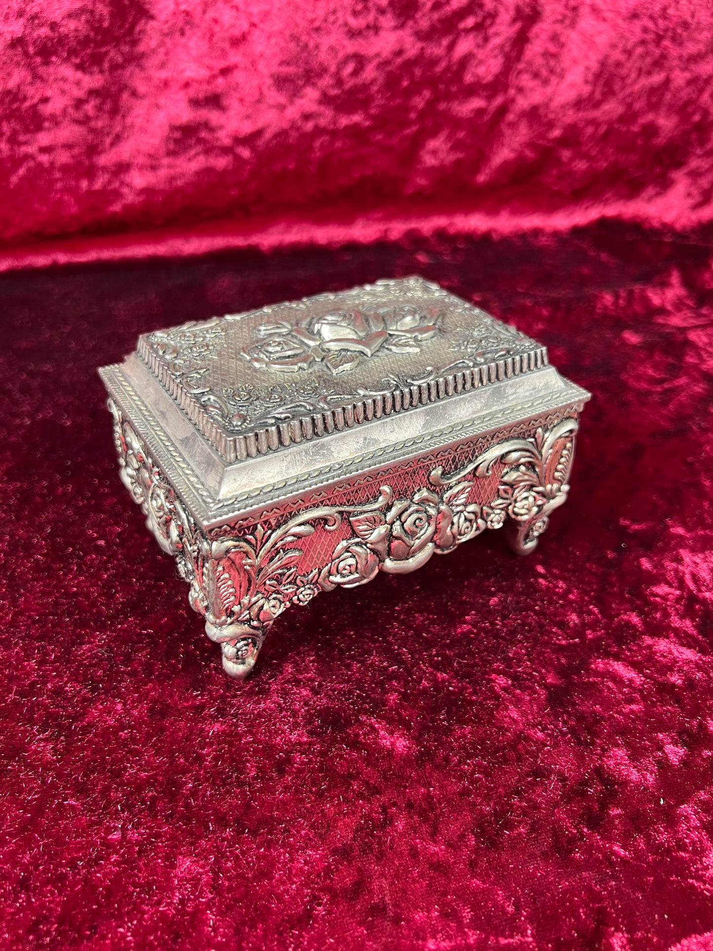 Vintage Vanity - Jewelry Box - Ornate Silver Rose Filigree - Black Velvet Lining - Footed