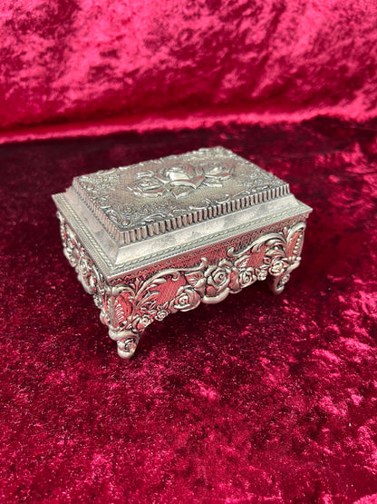 Vintage Vanity - Jewelry Box - Ornate Silver Rose Filigree - Black Velvet Lining - Footed