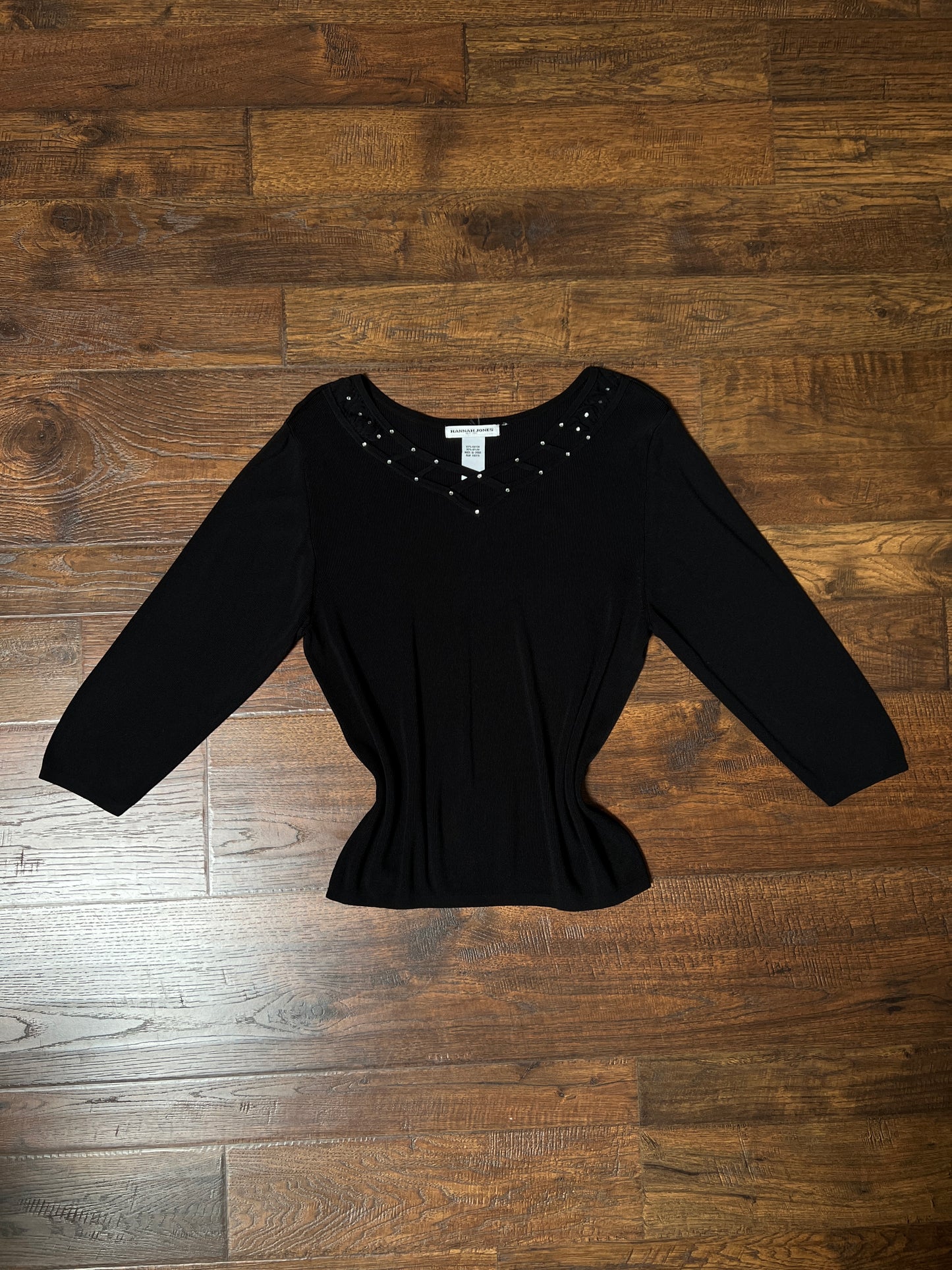 Vintage Hannah Jones Knit Top - Black Rhinestone Lattice Neckline - Medium