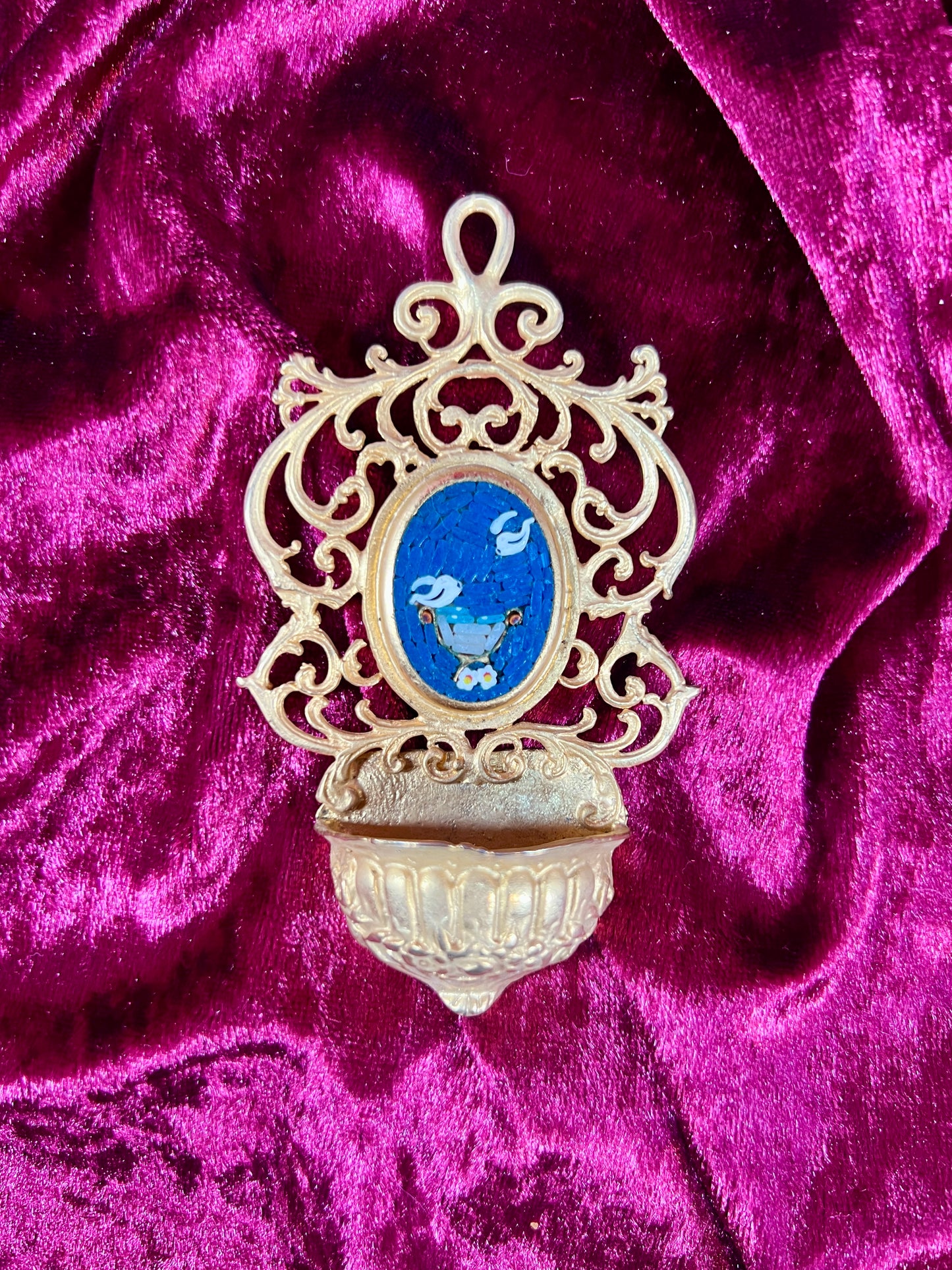 Vintage Religio - Miniature Holy Water Font - Millefiori Micro Mosaic of Two Doves - Italy