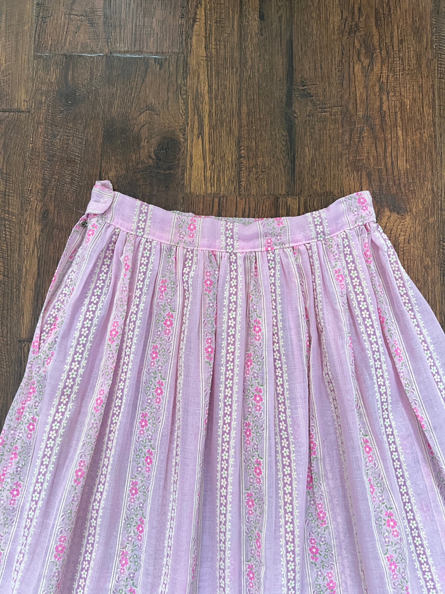 Vintage Circle Skirt - Pink Floral Stripe Semi Sheer Midi - Small