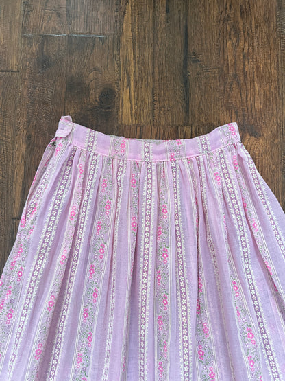 Vintage Circle Skirt - Pink Floral Stripe Semi Sheer Midi - Small