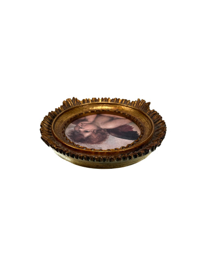 Vintage Wall Art - "Pensive Putto" - Print in Baroque Gilt Fresco Circle Frame - 5x5"