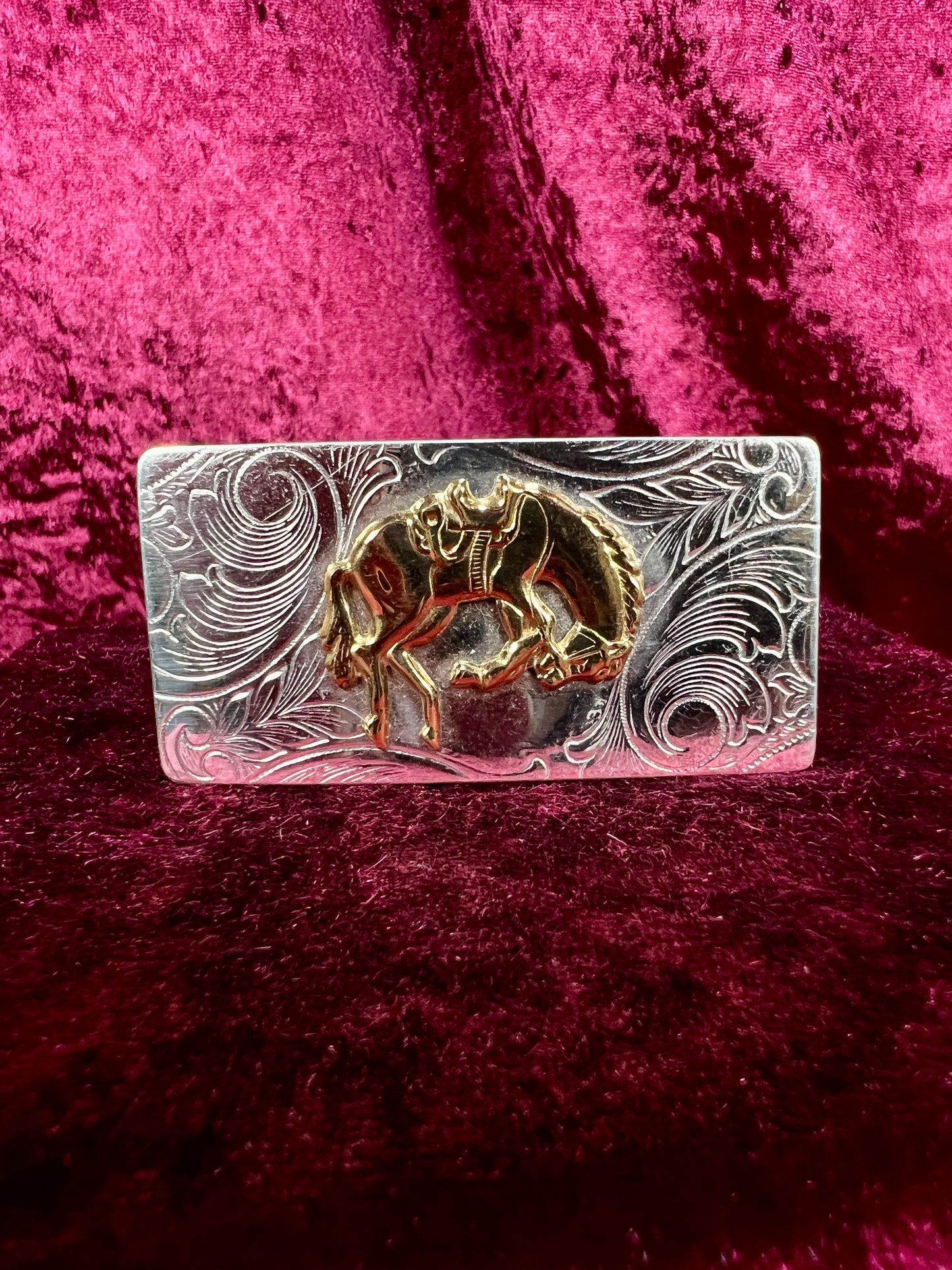 Vintage Nickel Silver Western Belt Buckle Pair - Bucking Bronco and Mustang Engraved