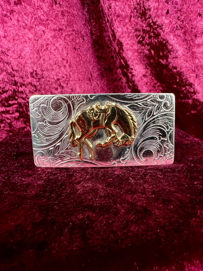 Vintage Nickel Silver Western Belt Buckle Pair - Bucking Bronco and Mustang Engraved