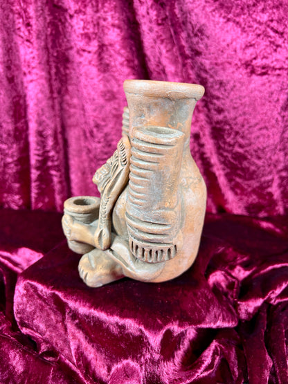 Vintage Oddities - Altar Candelabra - Red Clay Mayan / Aztec Deity Effigy
