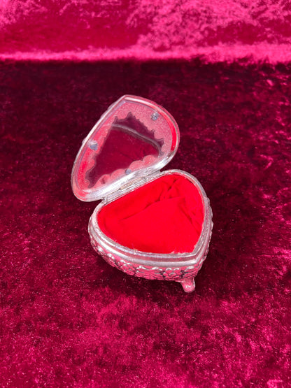 Vintage Vanity - Heart Shaped Jewelry Box - Ornate Silver Grapevine Filigree - Red Velvet Lining - Footed