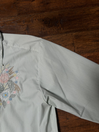 Vintage Koret Francisca Cotton Blend Blouse – Green Pinstripe Floral Embroidery – Medium