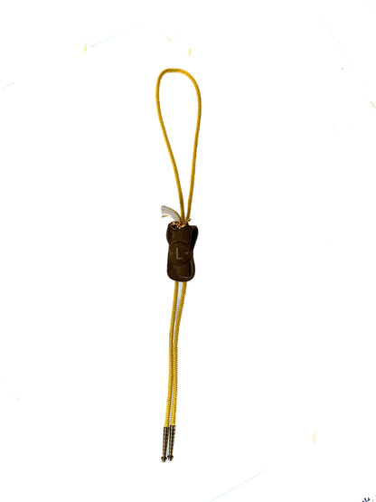 Vintage Accessories - Bolo Tie - Miniature Gold Pistol in Holster - Yellow Braided Cord - Brass Tips