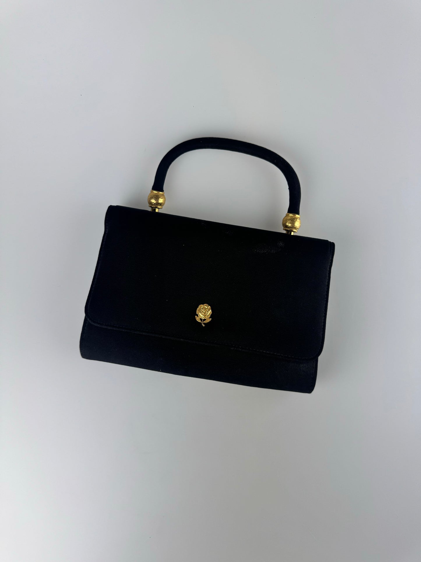 Vintage Purse - 1960s Black Nylon Mini Top Handle Bag with Gold Rose Snap Closure