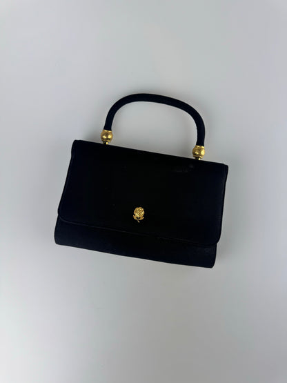 Vintage Purse - 1960s Black Nylon Mini Top Handle Bag with Gold Rose Snap Closure