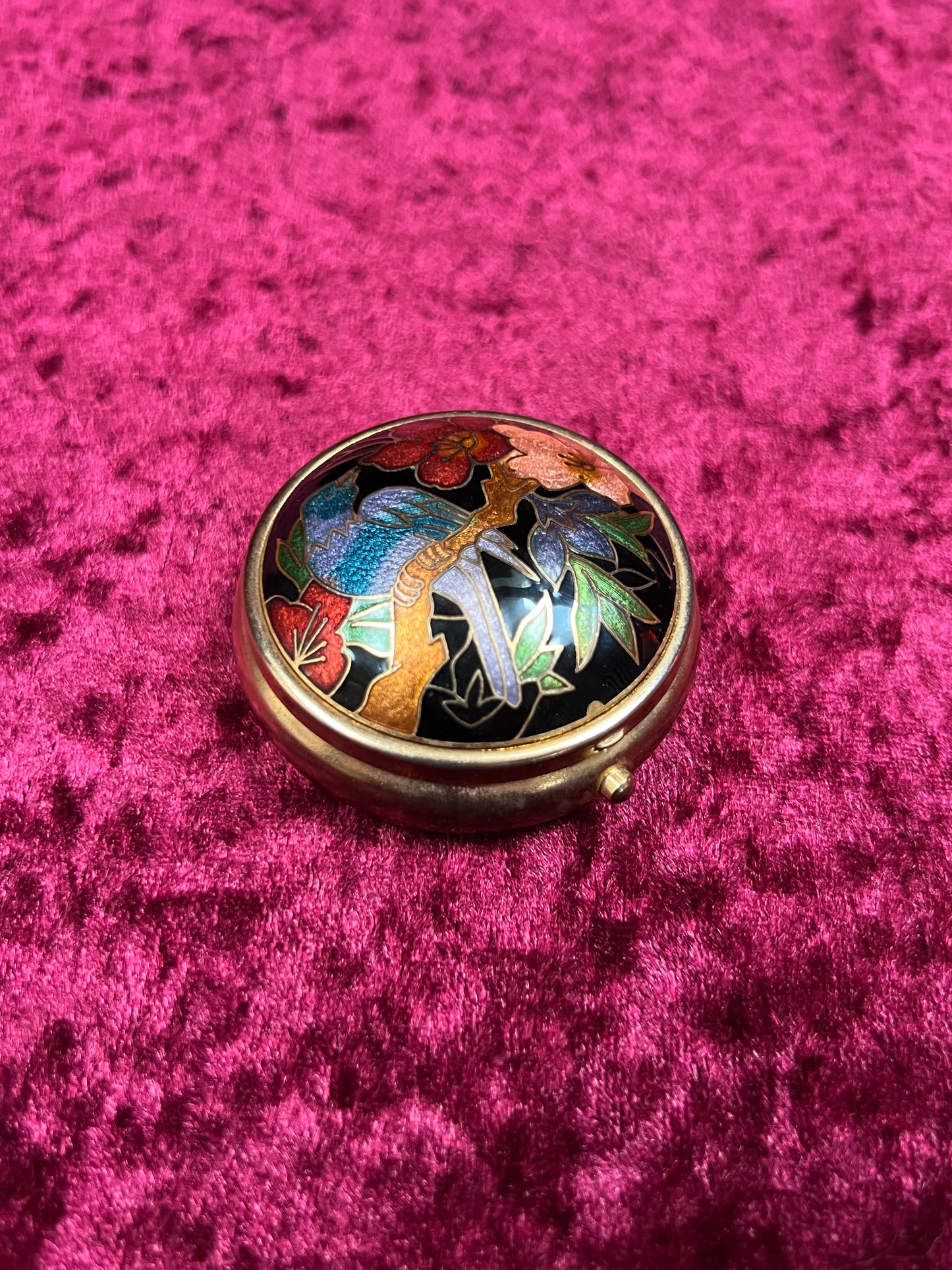 Vintage Vanity - 3-Compartment Pill Box - Cloisonné Lid - Blue Bird In a Flowering Tree