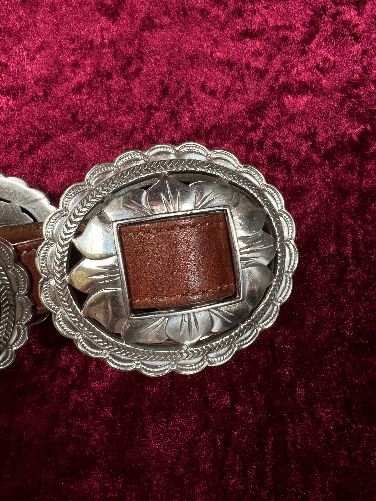 Vintage Brighton Leather Concho Belt - Silver Sunflower Western Belt USA Made - 29.5-33.5"
