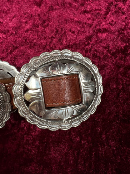 Vintage Brighton Leather Concho Belt - Silver Sunflower Western Belt USA Made - 29.5-33.5"