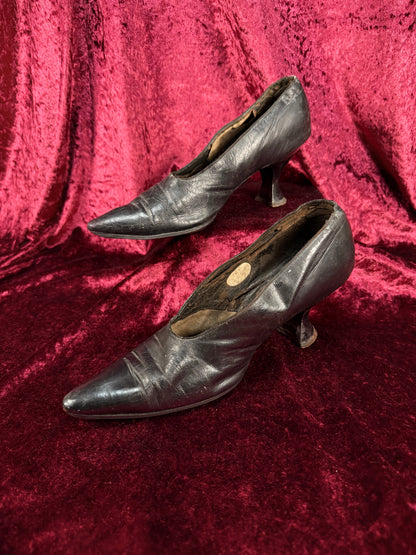 Antique Edwardian Poiret Black Leather Pumps – Louis XV Style Heel - Size 6