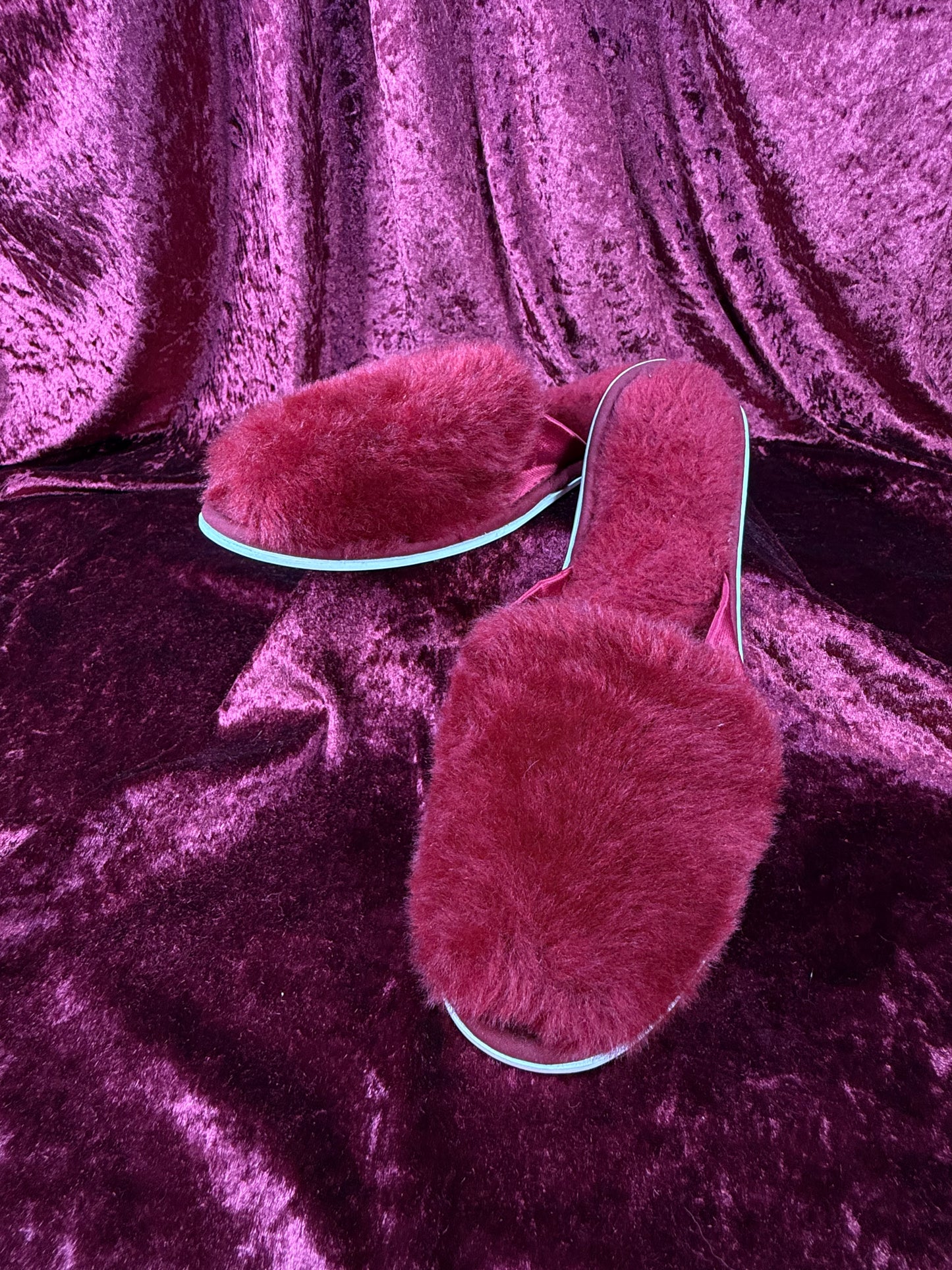 Vintage Shoes - Fuzzy Peep-Toe Sandal Slippers - Red - Size 8 / 9