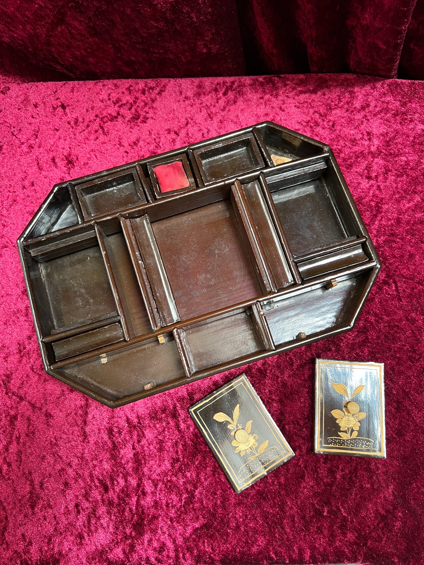 Antique Sewing Kit - Black Lacquer Ladies Work Box - Octagonal 19th Century Asian Chinoiserie