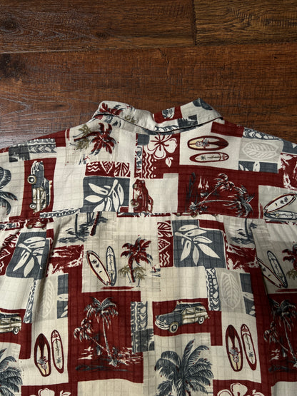 Vintage Paradise Blue Silk Rayon Shirt – Hawaiian Surf Car Print – Size Large