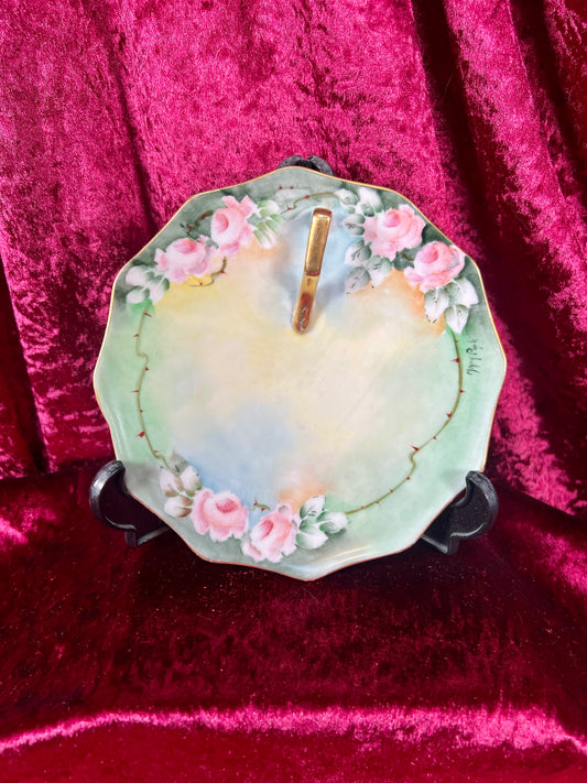 Vintage Trinket Dish - Porcelain Ring Dish / Serving Tray - Hand Painted Roses - Mary Park