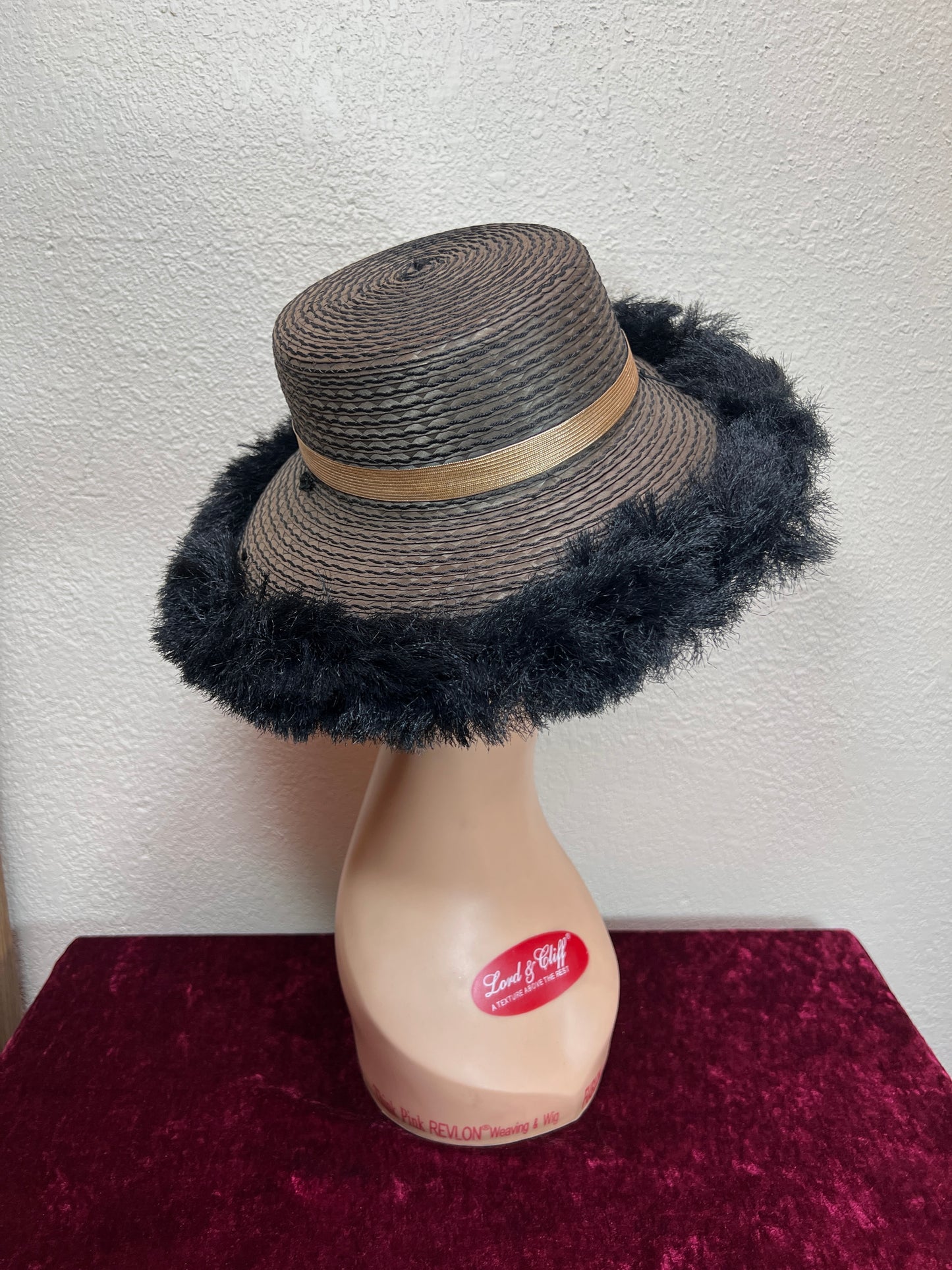 Vintage Accessories - Straw Sun Hat - Black with Faux Ostrich Feather Brim - Medium
