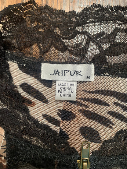 Vintage Clothing - Y2K Mesh Zip Up Sweatshirt - Leopard Print and Black Lace - Jaipur - Medium