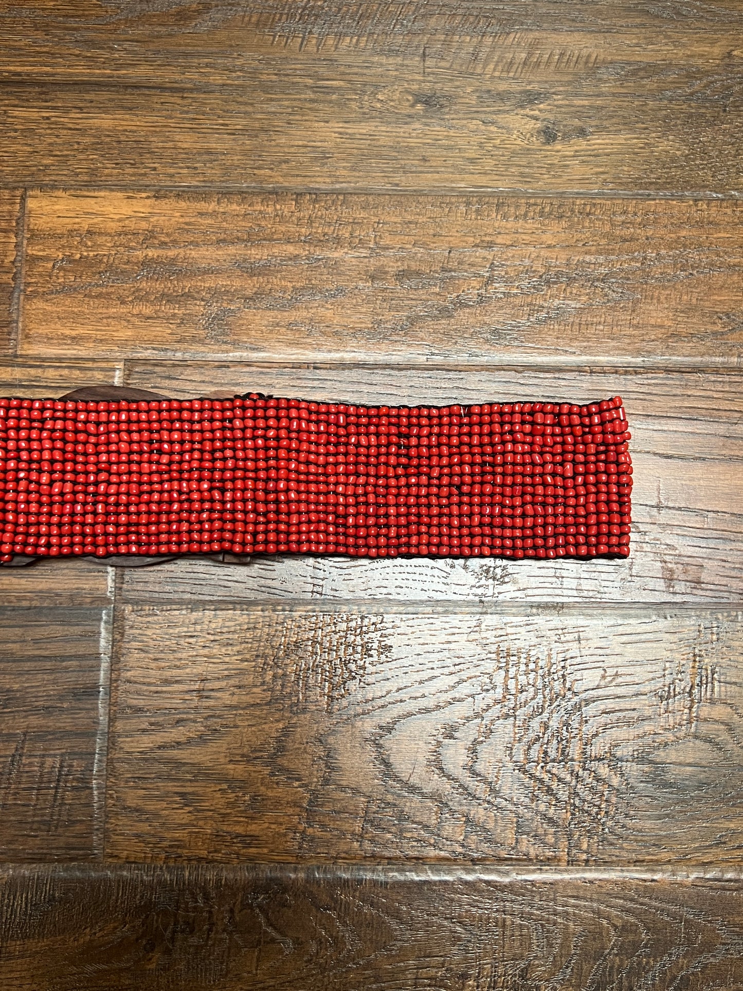 Vintage Style Accessories - Glass Seed Beaded Waist Belt with Wood Buckle - Red - 31.5"