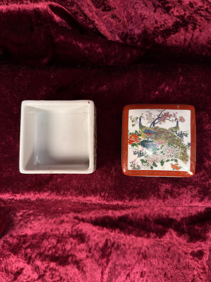 Vintage Ceramic Trinket Box – Peacocks In The Flower Garden - Lidded - Made In Japan