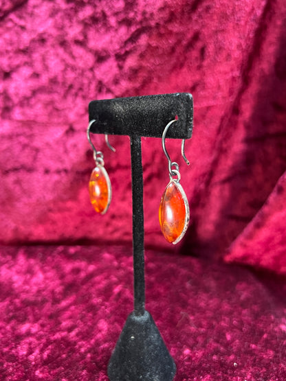 Vintage Jewelry - Dangle / Drop Earrings - 925 Silver - Cat's Eye Shaped Amber Stone