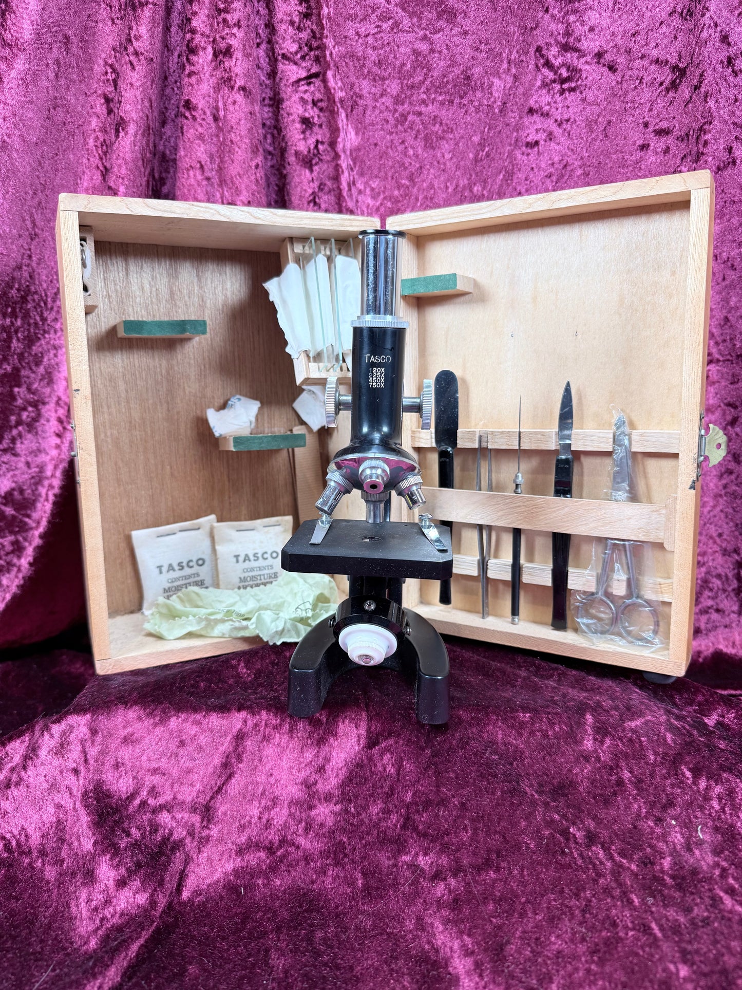 Vintage Tasco Metal Microscope Set – Complete Japanese Student Science Kit with 3 Prepared Slide Collections